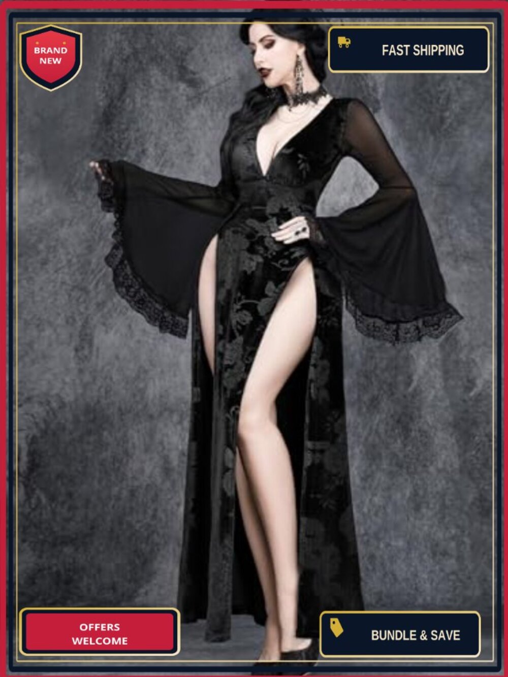 Gothic High Slit Maxi Dress Lace Embroidered Corset V-Neck Party Gown - Picture 6 of 6